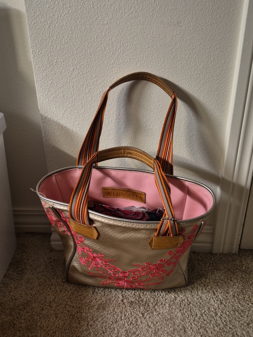 Consuela Gold Tote with Pink Interior and Orange Striped Handles